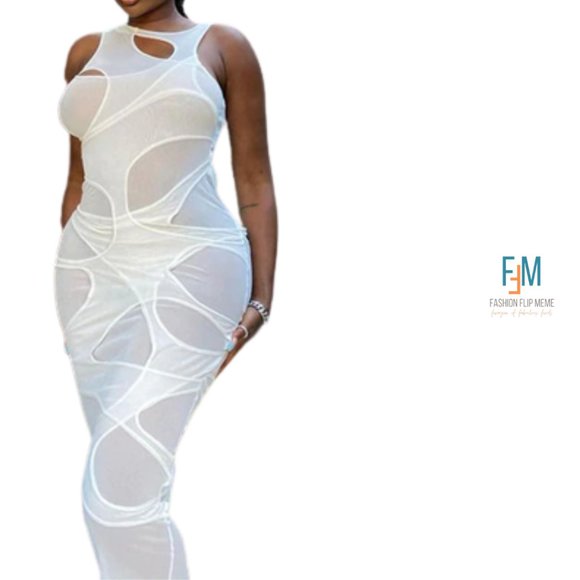 New! Sleeveless Sheer Mesh Fishnet Cut Out Bodycon Sheath Dress - Picture 5 of 8